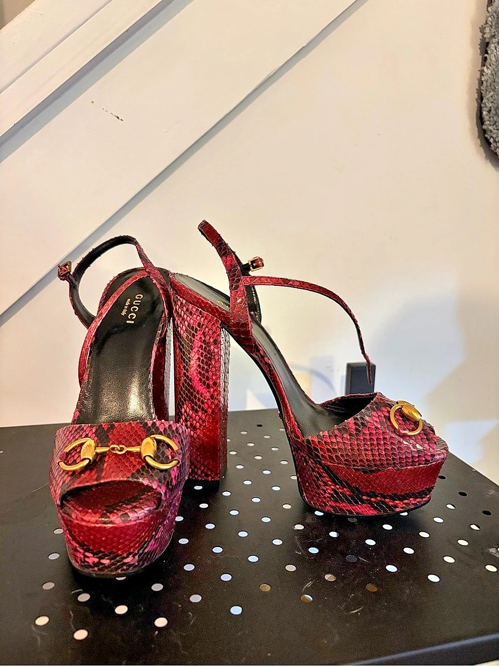 Gucci Python Embossed Horsebit Slingback Platform Pumps Red & Black EU 38